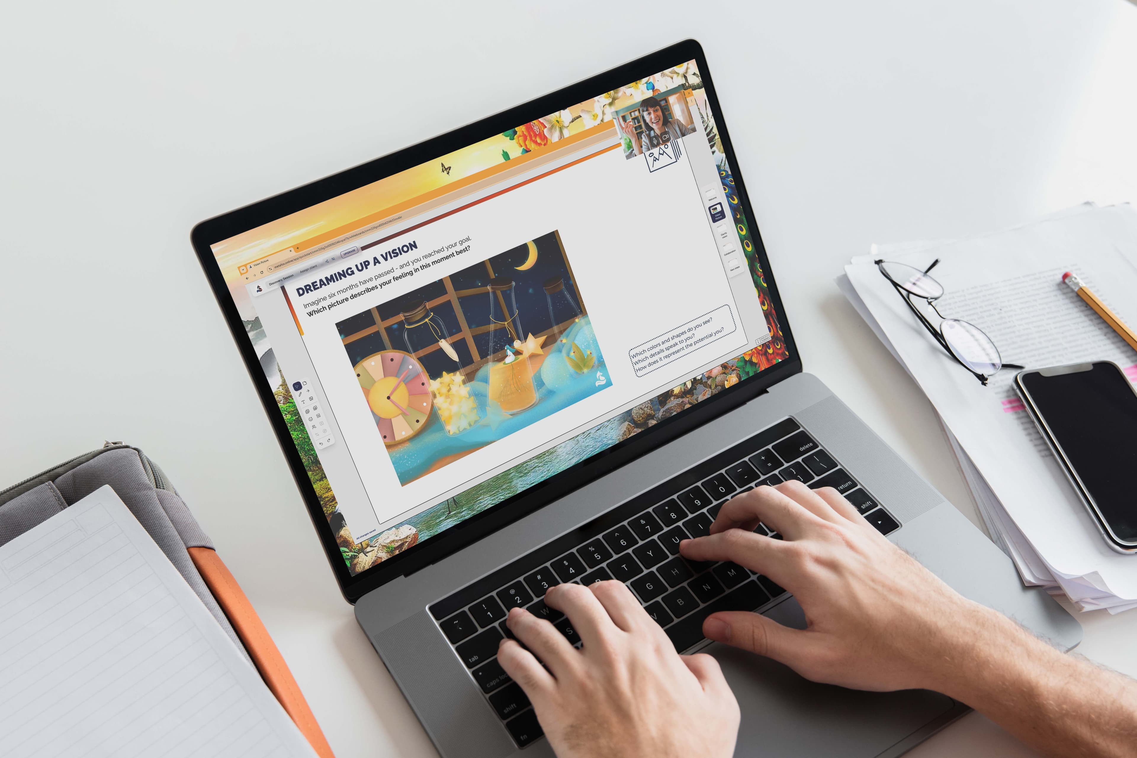 Coach running a visual online coaching session with metaFox picture cards